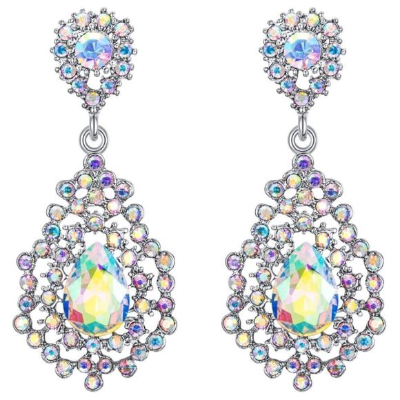 Silver with Iridescent AB Austrian Crystal Art Deco Chandelier Post Earrings - Picture 1 of 4